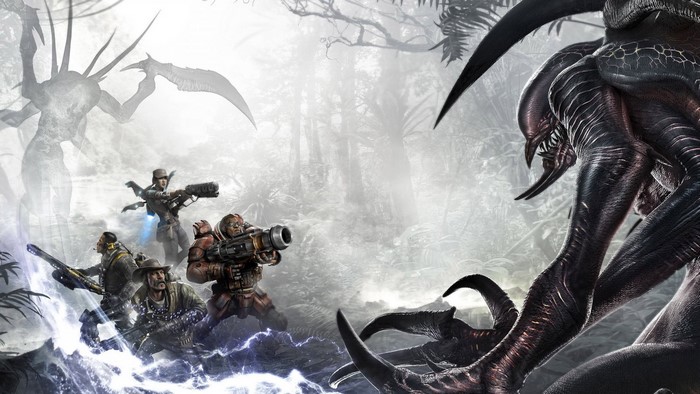 Evolve screenshot: Hunters fight a monster in a jungle