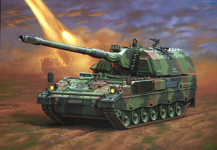 PzH 2000 self-propelled howitzer firing a projectile