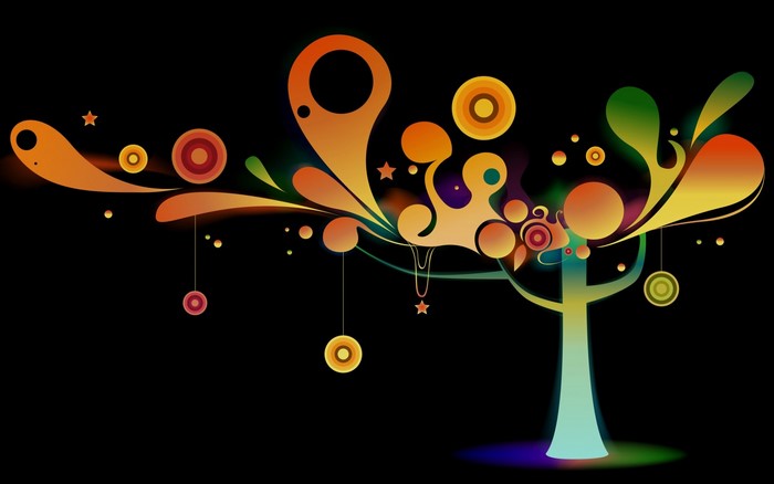 Abstract colorful tree with circles and stars on black background