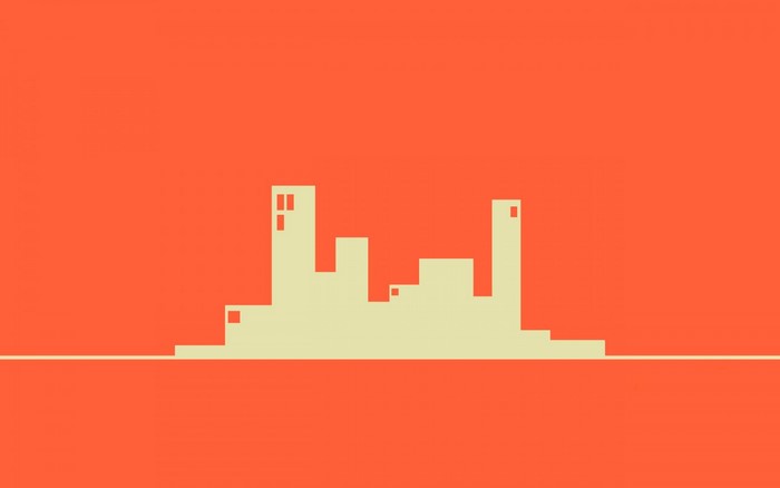 Minimalist cityscape silhouette on orange background