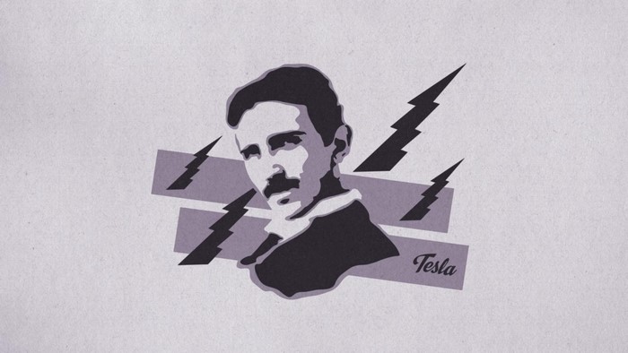 Illustration of Nikola Tesla with lightning bolts