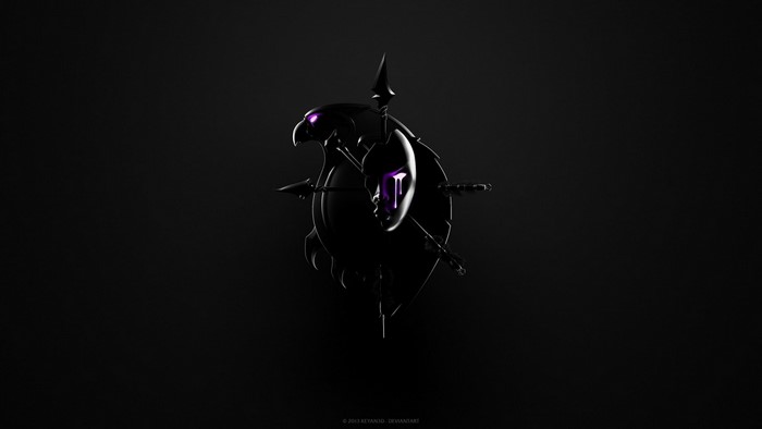 Dark emblem with glowing purple eyes and a face