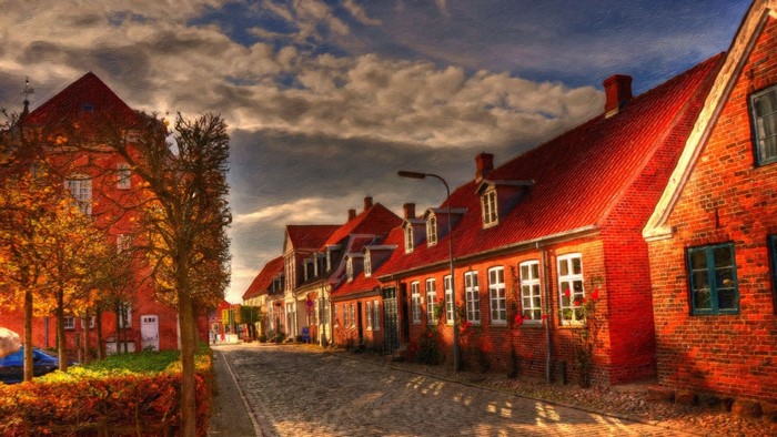 Street in a Danish village during autumn evening