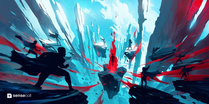 Digital art illustration of figures in a canyon