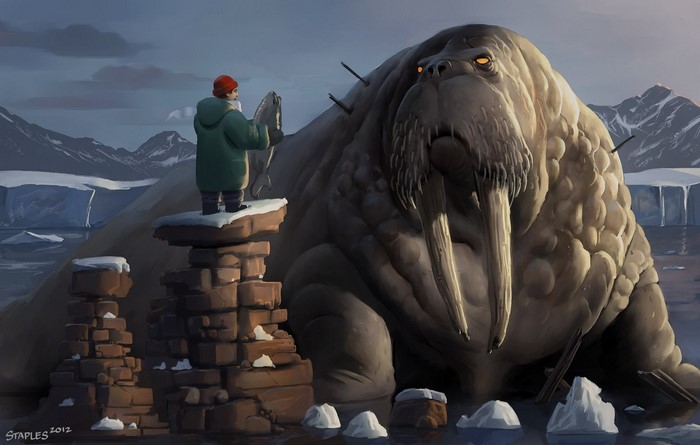 A boy and a giant walrus in an arctic landscape