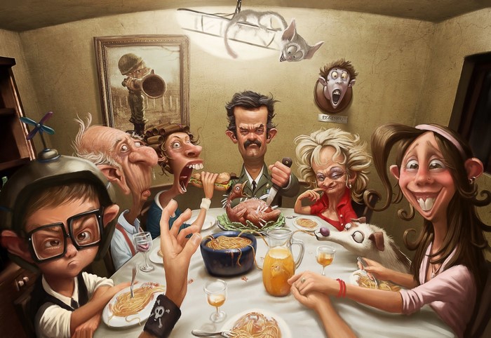 Caricature family having a bizarre dinner