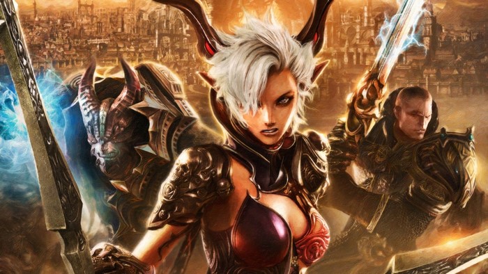 Woman warrior with horns and two male warriors in Tera Online