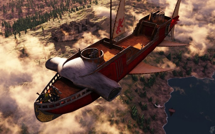 Fantasy airship flying over a castle and forest