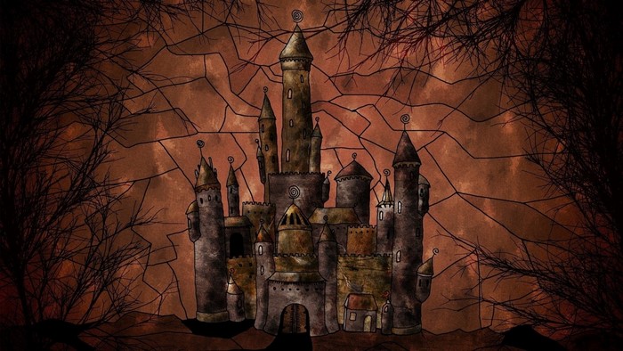 Dark castle with bare trees and stained glass background