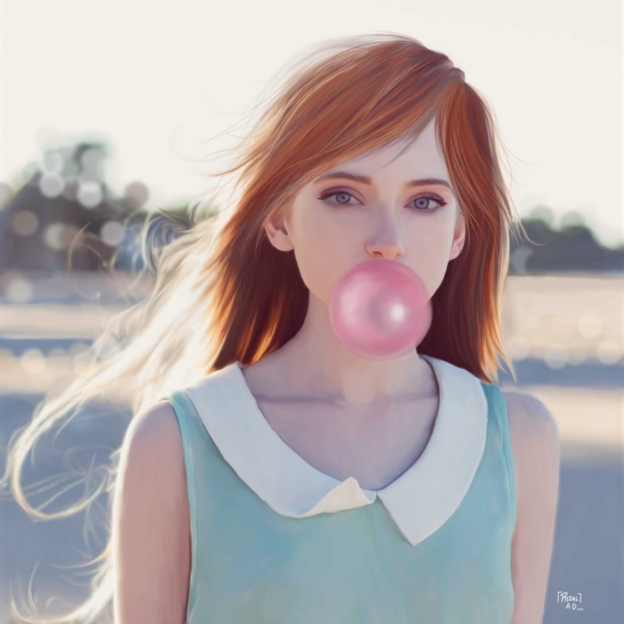 Girl blowing pink bubble gum