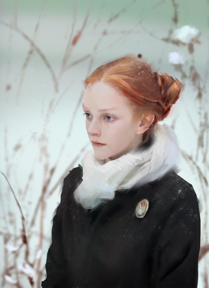 Redhead girl in winter with brooch