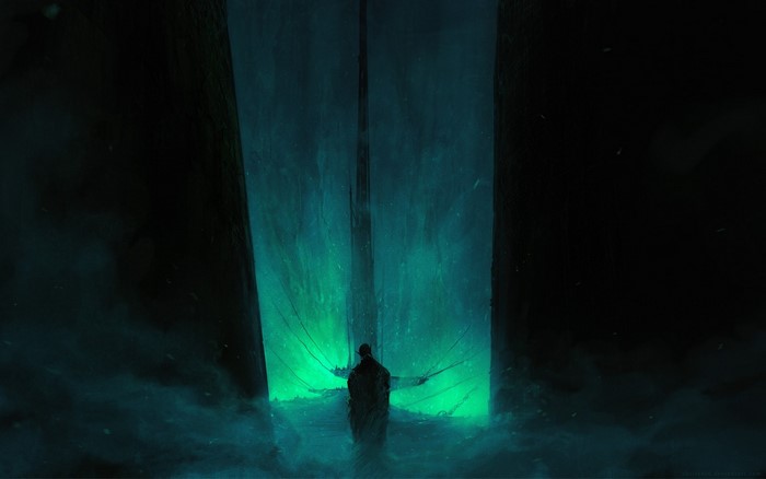 Figure in a glowing green ice cave