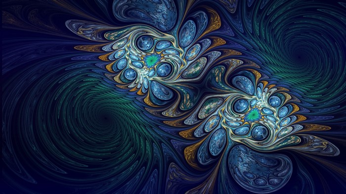 Abstract fractal art with blue, green, and gold swirls