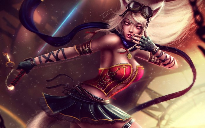 Steampunk fox-eared woman warrior with goggles