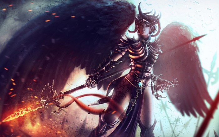 Fallen angel warrior with flaming sword and dark wings