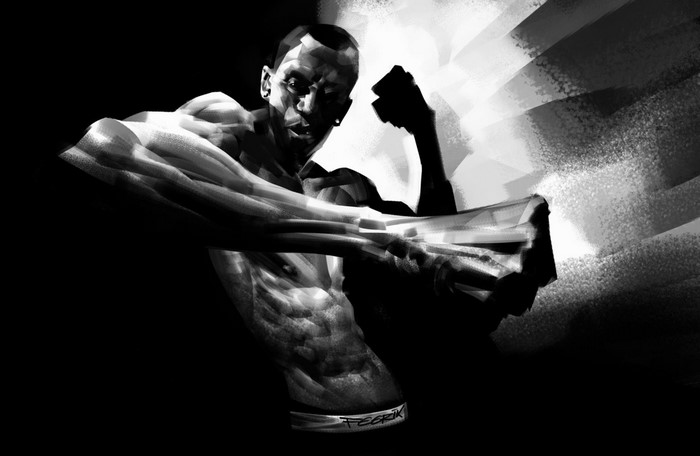 Monochrome drawing of a muscular man in a fighting stance