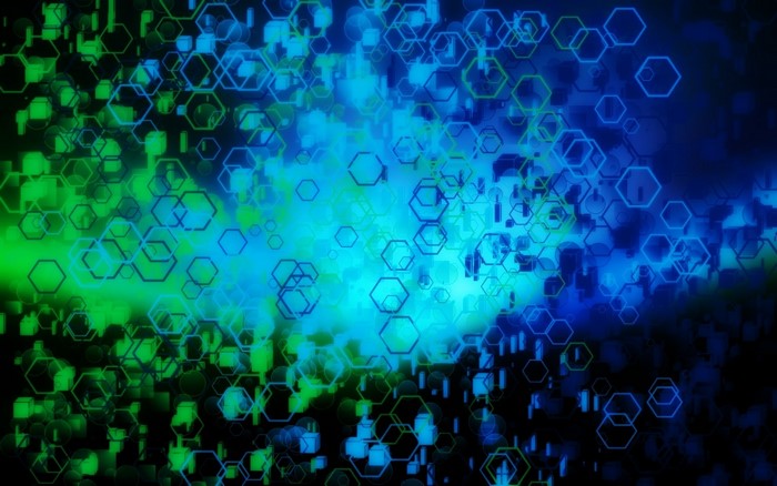 Abstract blue and green hexagons with light effects