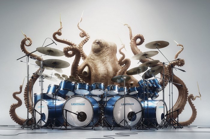 Octopus playing a drum set