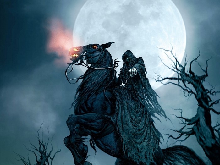 Grim Reaper on Fiery Horse Under Full Moon