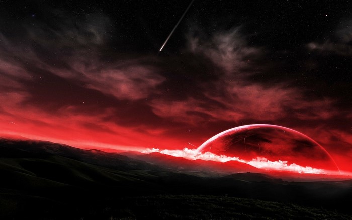 Red planet and shooting star in dark sky