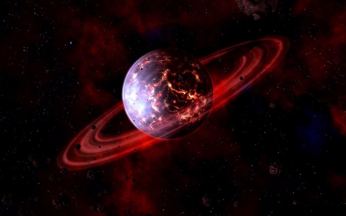 Planet with red rings in a nebula