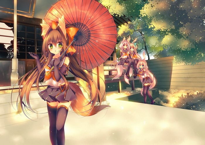Anime girls with animal ears and tails holding umbrellas