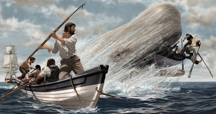 Whalers in a boat attack a whale near a sailing ship