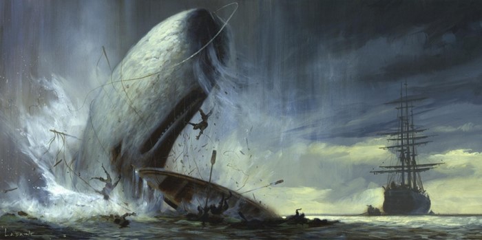 Moby Dick whale attacking a ship and boat