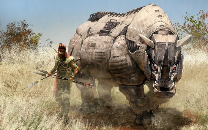 Man with spears and robotic rhino in grassy field