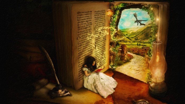 Fantasy art of a girl reading a book with a dragon flying