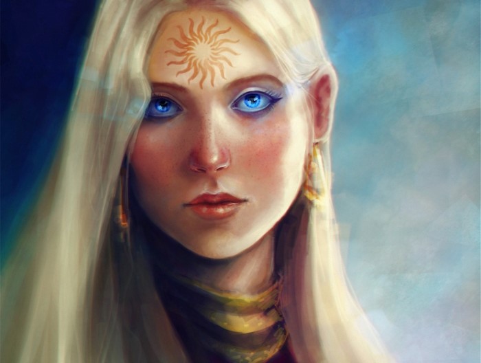 Fantasy portrait of a woman with blue eyes and sun tattoo