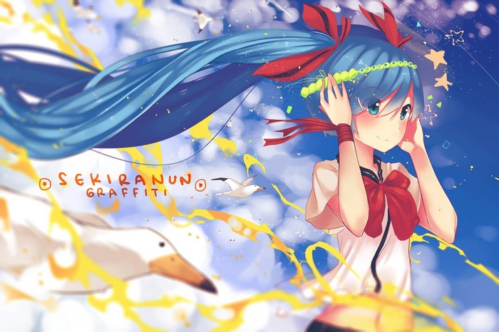 Hatsune Miku with blue hair and red ribbons