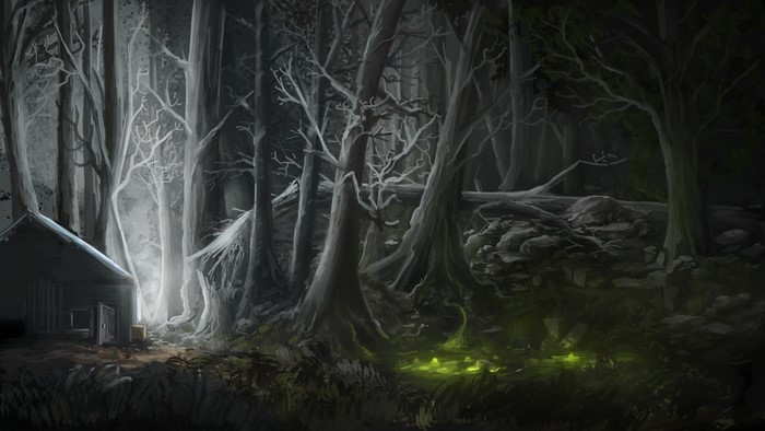 Dark forest with a small cabin and glowing swamp