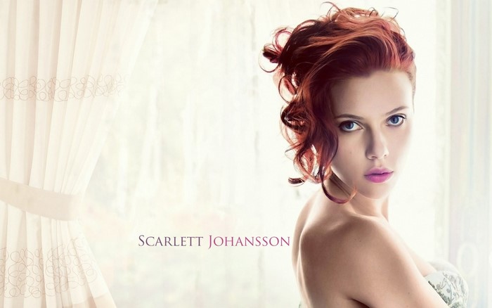 Scarlett Johansson portrait with sheer curtains