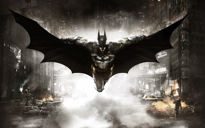 Batman from Batman Arkham Knight flying over Gotham City