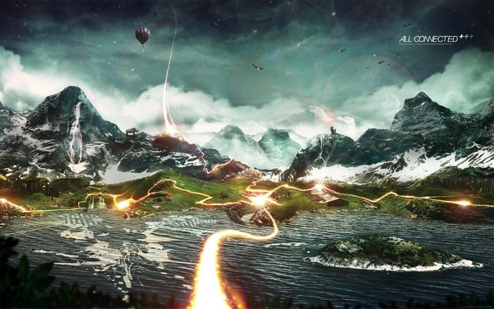 Digital art of mountains, lake, and hot air balloon