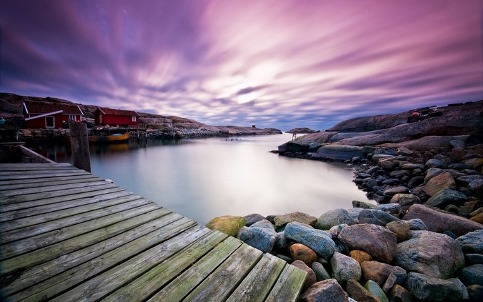 Long exposure of a Swedish coastal village at dusk