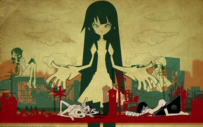 Monogatari Series characters in a stylized cityscape