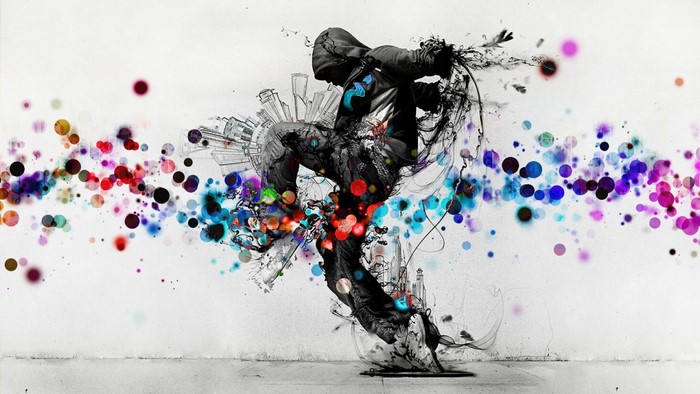 Breakdancer with colorful paint splatters and city illustration