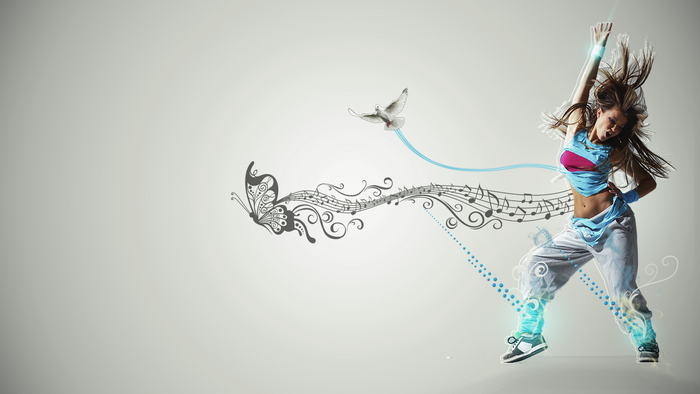 Woman dancing with musical notes and butterfly
