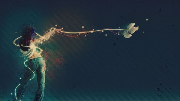 Woman dancing with a glowing light and a dove