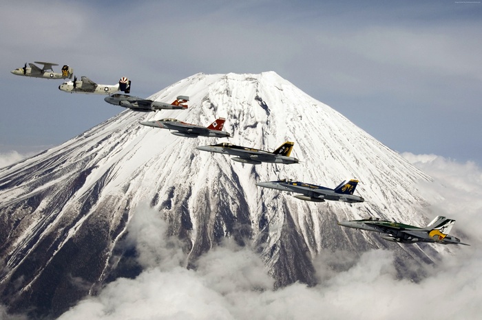 U.S. Navy Jets Fly Past Mount Fuji, Japan