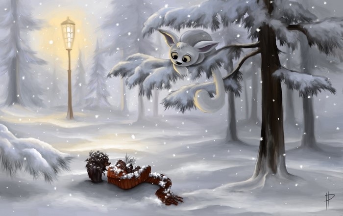 Fantasy creature in a snowy forest with a lantern