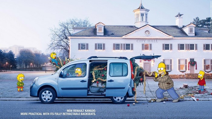 The Simpsons characters loading Christmas tree into Renault Kangoo