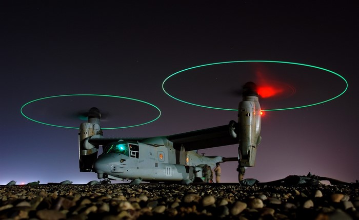 CV-22 Osprey military aircraft at night