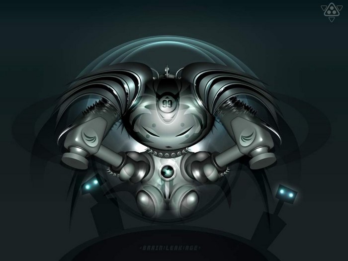 Robot with "09" on its head in a futuristic setting