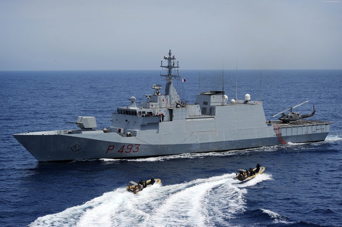 Italian Navy Comandante Foscari corvette with small boats and helicopter
