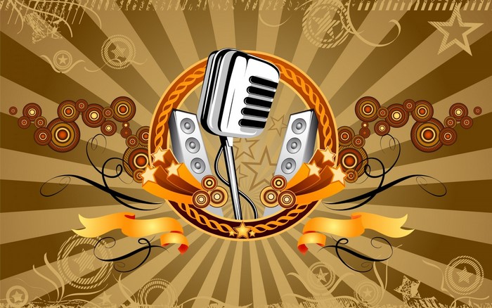 Retro microphone and speakers with abstract music design