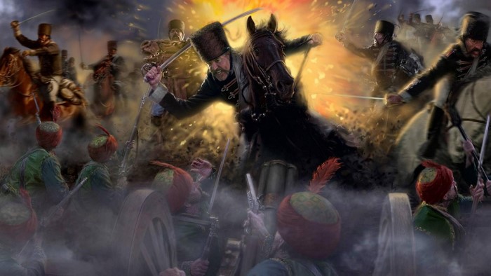 Cossack cavalry charges Ottoman artillery during a battle