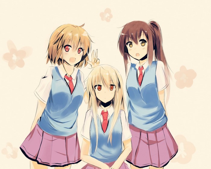 Three anime girls in school uniforms
